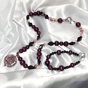 Burgundy and black necklace,bracelet, earring set